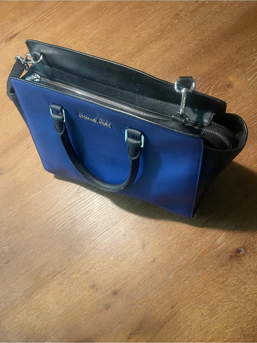 Michael Kors Blue and Black Leather Tote Satchel